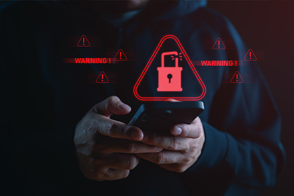 Cyberattack cybercrime hacker smartphone. Internet web hack technology. Digital mobile phone in Scammer hand. Data protection, secured internet access, cybersecurity banner, Stealing data information.