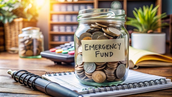 A glass jar containing coins representing an emergency fund.